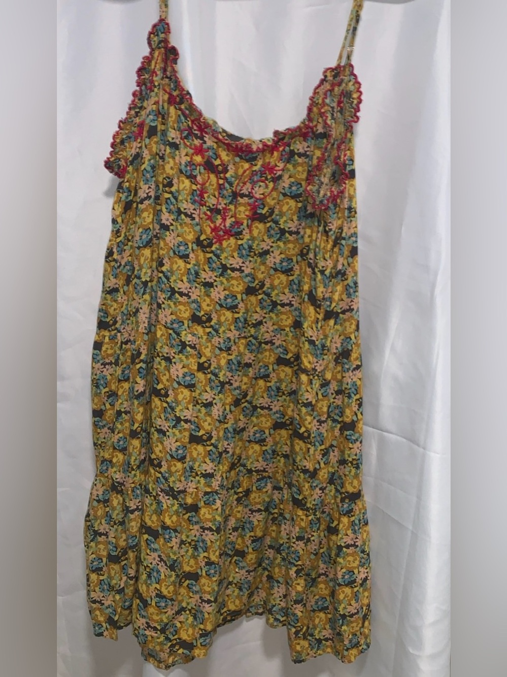 NATURAL LIFE Boho Yellow Floral Dress Red Embroidery Blue Accents Sundress L/XL